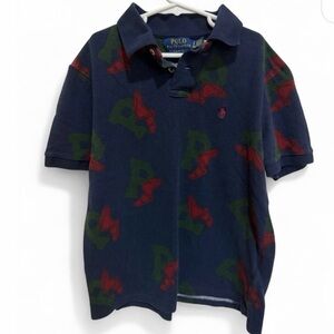 Ralph Lauren P-Wing Navy Polo Shirt with Red & Green Graphic Print Small